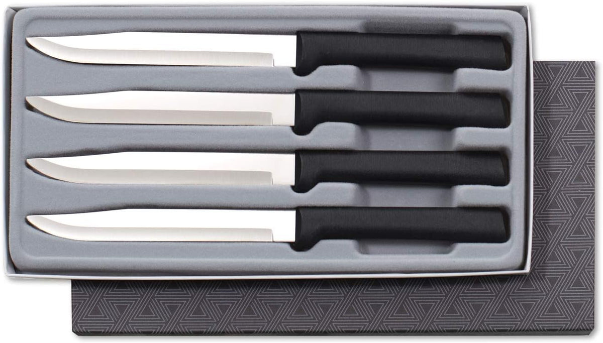 Four Utility/Steak Knife Set (S55) + Sharpener, Silver Handle | 4-Piece Knife Set with Quick Edge Sharpener (R119), Stainless Steel Blades, Silver Cast Aluminum Handle