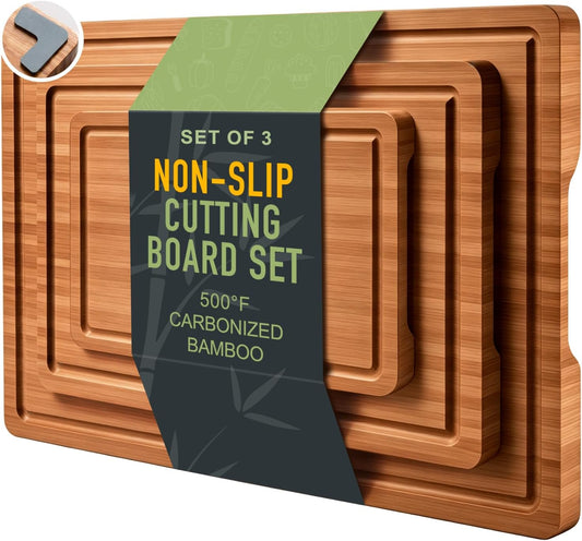 3 Pack Bamboo Cutting Board Set with Non Slip Solid Wood Cutting Boards Non Toxic Chopping Board for Kitchen Small Cutting Board Non Plastic Charcuterie Boards Meat Healthy Bread Cutting Board Sets