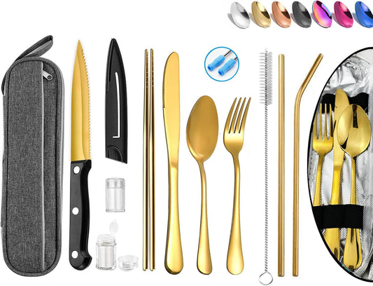 Stainless Steel Travel Utensil Set with Case - Portable Flatware Cutlery, Chopsticks, Straw - Gold