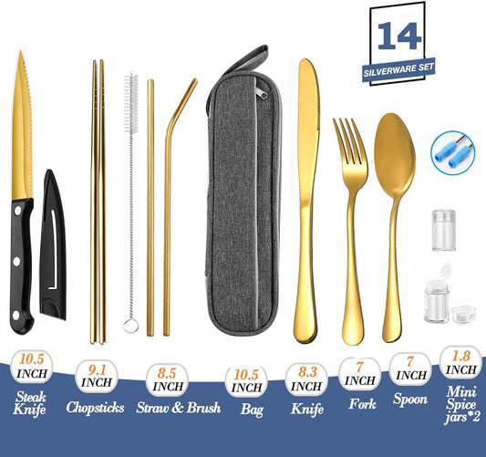 Stainless Steel Travel Utensil Set with Case - Portable Flatware Cutlery, Chopsticks, Straw - Gold
