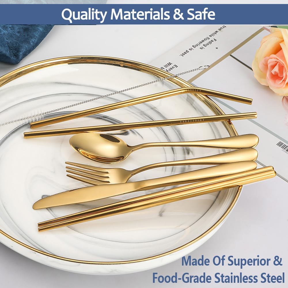 Stainless Steel Travel Utensil Set with Case - Portable Flatware Cutlery, Chopsticks, Straw - Gold