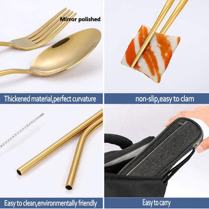 Stainless Steel Travel Utensil Set with Case - Portable Flatware Cutlery, Chopsticks, Straw - Gold