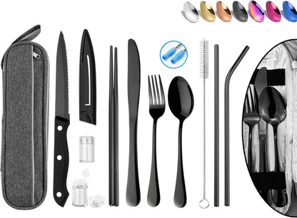 Stainless Steel Travel Utensil Set with Case - Portable Flatware Cutlery, Chopsticks, Straw - Gold