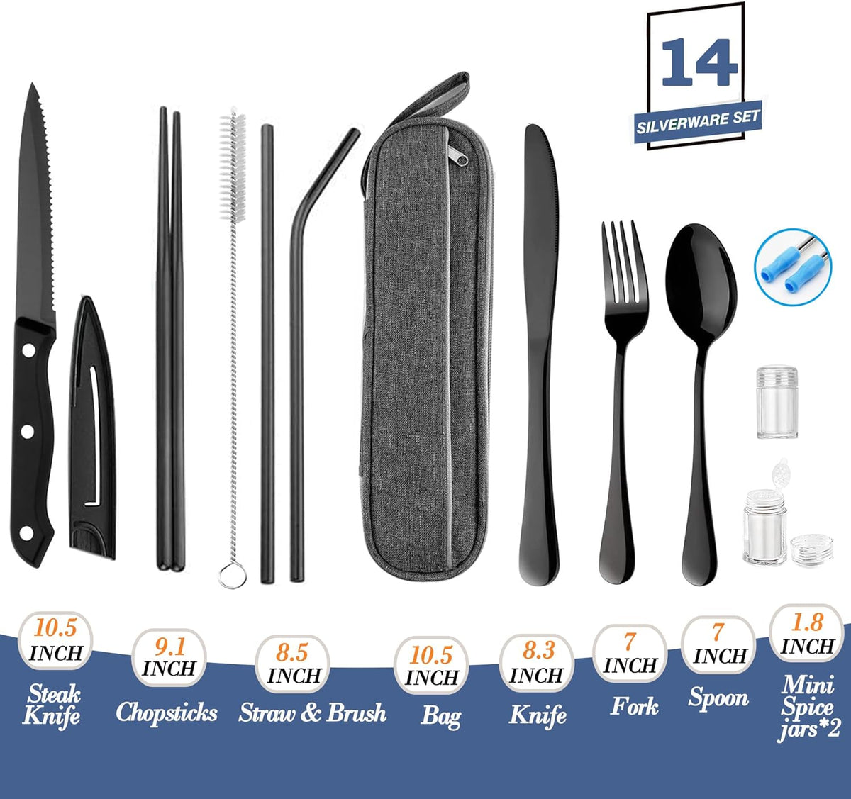 Stainless Steel Travel Utensil Set with Case - Portable Flatware Cutlery, Chopsticks, Straw - Gold
