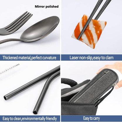 Stainless Steel Travel Utensil Set with Case - Portable Flatware Cutlery, Chopsticks, Straw - Gold