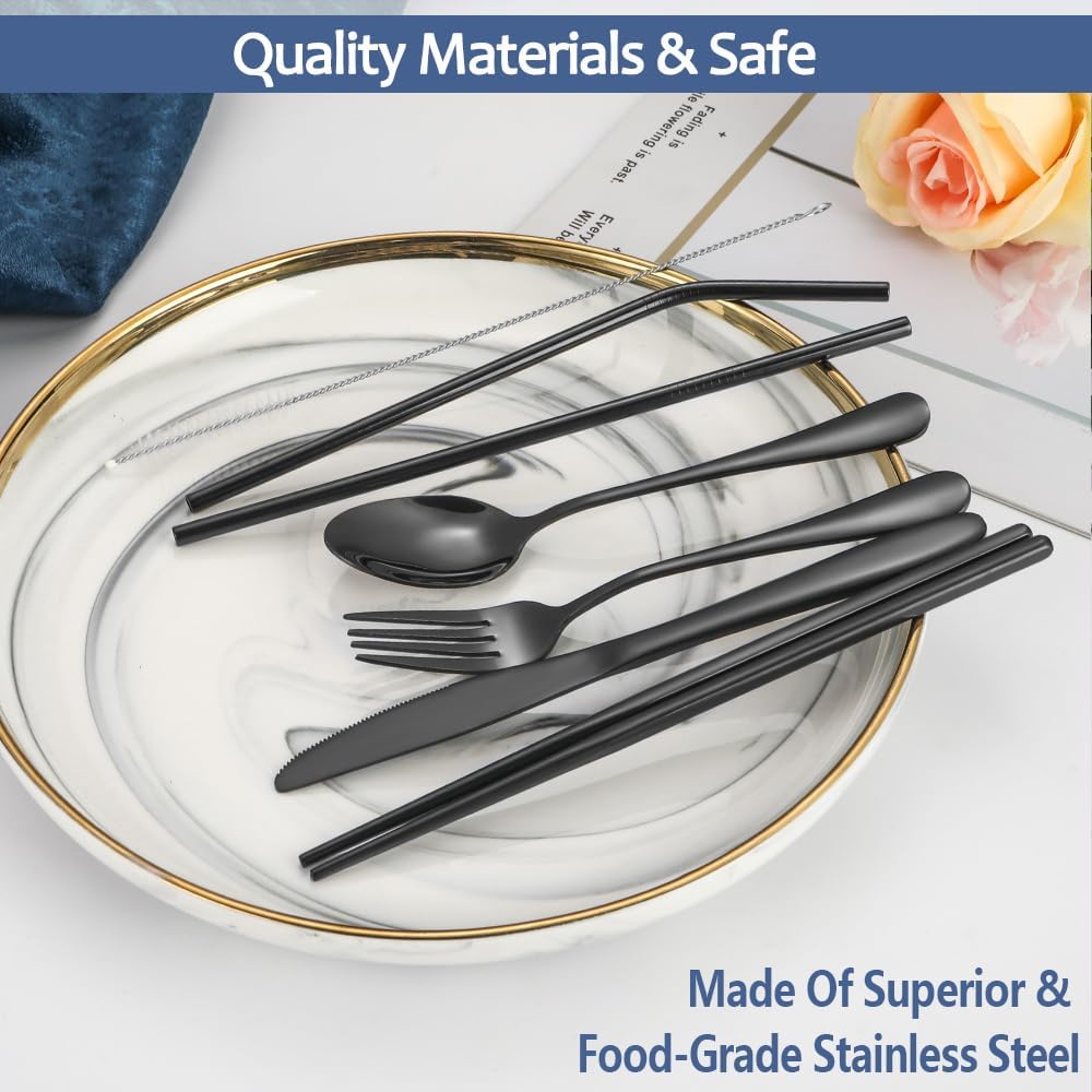 Stainless Steel Travel Utensil Set with Case - Portable Flatware Cutlery, Chopsticks, Straw - Gold