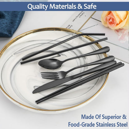 Stainless Steel Travel Utensil Set with Case - Portable Flatware Cutlery, Chopsticks, Straw - Gold
