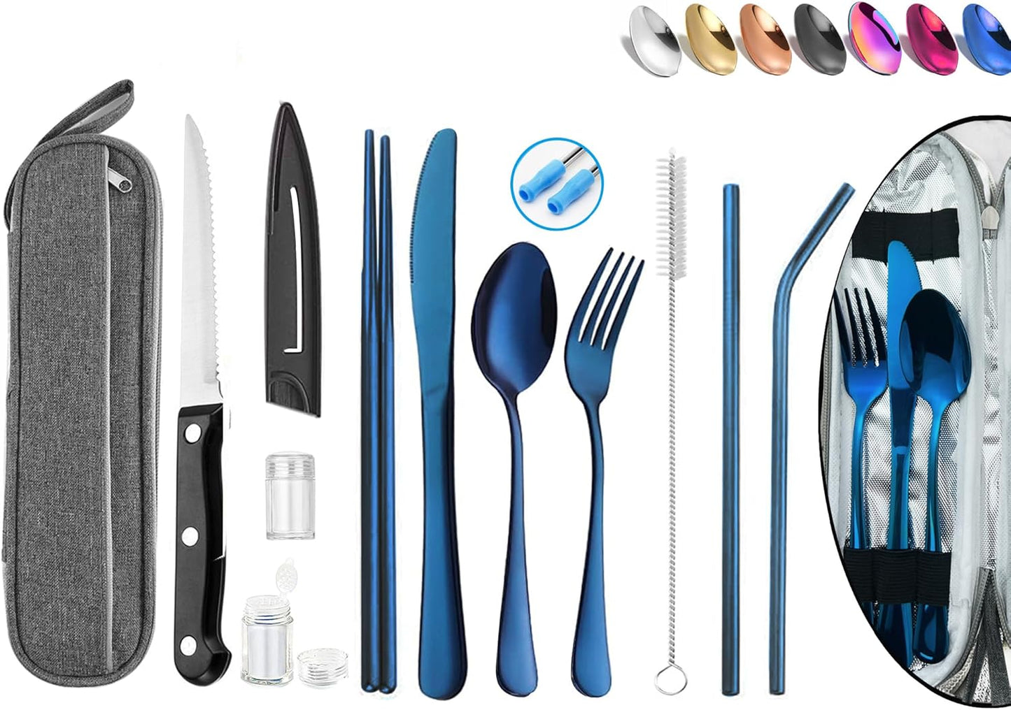Stainless Steel Travel Utensil Set with Case - Portable Flatware Cutlery, Chopsticks, Straw - Gold