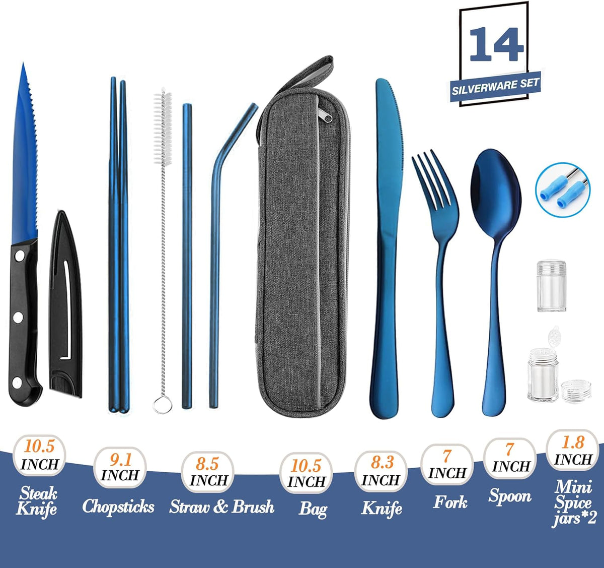 Stainless Steel Travel Utensil Set with Case - Portable Flatware Cutlery, Chopsticks, Straw - Gold