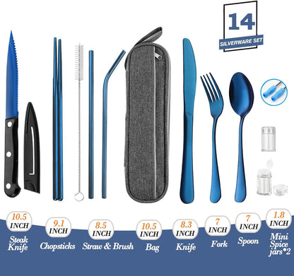 Stainless Steel Travel Utensil Set with Case - Portable Flatware Cutlery, Chopsticks, Straw - Gold