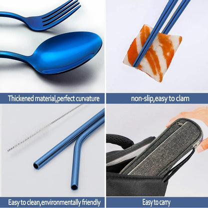 Stainless Steel Travel Utensil Set with Case - Portable Flatware Cutlery, Chopsticks, Straw - Gold