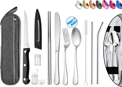Stainless Steel Travel Utensil Set with Case - Portable Flatware Cutlery, Chopsticks, Straw - Gold