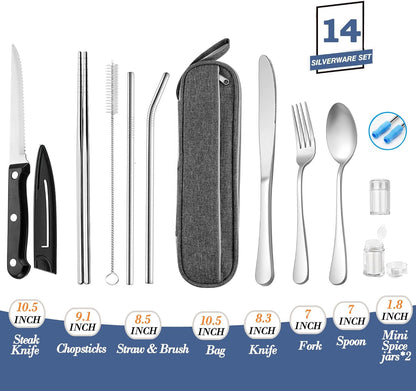 Stainless Steel Travel Utensil Set with Case - Portable Flatware Cutlery, Chopsticks, Straw - Gold