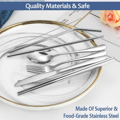 Stainless Steel Travel Utensil Set with Case - Portable Flatware Cutlery, Chopsticks, Straw - Gold