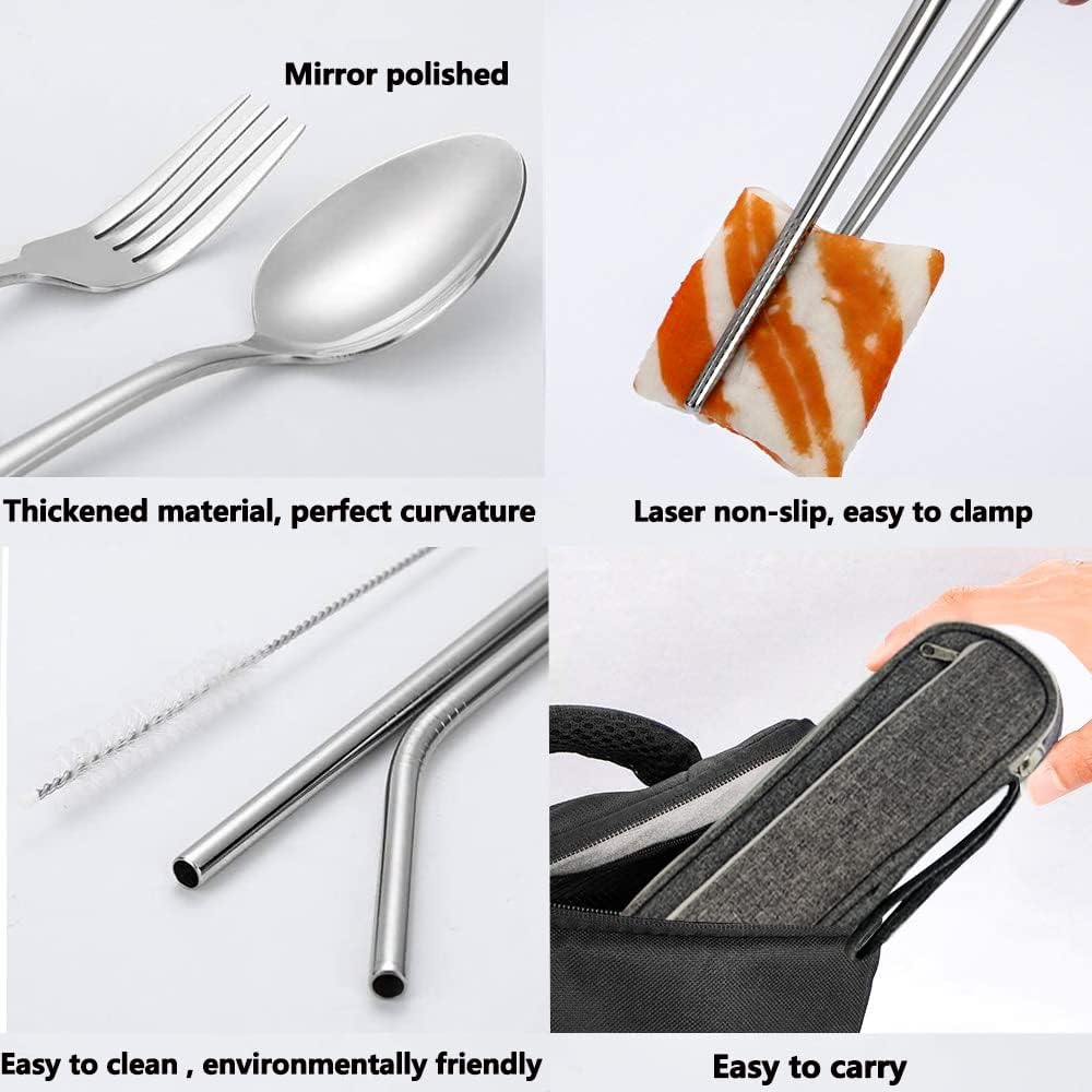 Stainless Steel Travel Utensil Set with Case - Portable Flatware Cutlery, Chopsticks, Straw - Gold