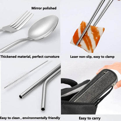 Stainless Steel Travel Utensil Set with Case - Portable Flatware Cutlery, Chopsticks, Straw - Gold