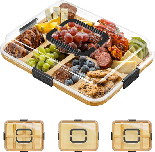Charcuterie Board with Clear Lid, Portable Travel Cheese Cutting Boards for Picnic Accessories, Bamboo Serving Tray with Lids, House Warming Gifts, Black Handles, 8 Compartments