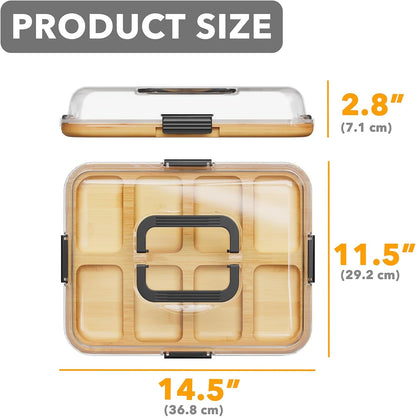 Charcuterie Board with Clear Lid, Portable Travel Cheese Cutting Boards for Picnic Accessories, Bamboo Serving Tray with Lids, House Warming Gifts, Black Handles, 8 Compartments
