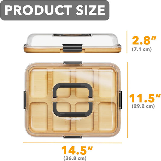 Charcuterie Board with Clear Lid, Portable Travel Cheese Cutting Boards for Picnic Accessories, Bamboo Serving Tray with Lids, House Warming Gifts, Black Handles, 8 Compartments