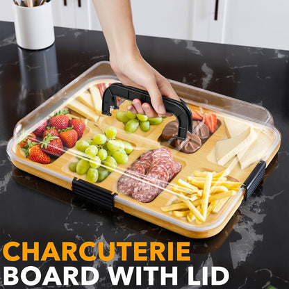 Charcuterie Board with Clear Lid, Portable Travel Cheese Cutting Boards for Picnic Accessories, Bamboo Serving Tray with Lids, House Warming Gifts, Black Handles, 8 Compartments