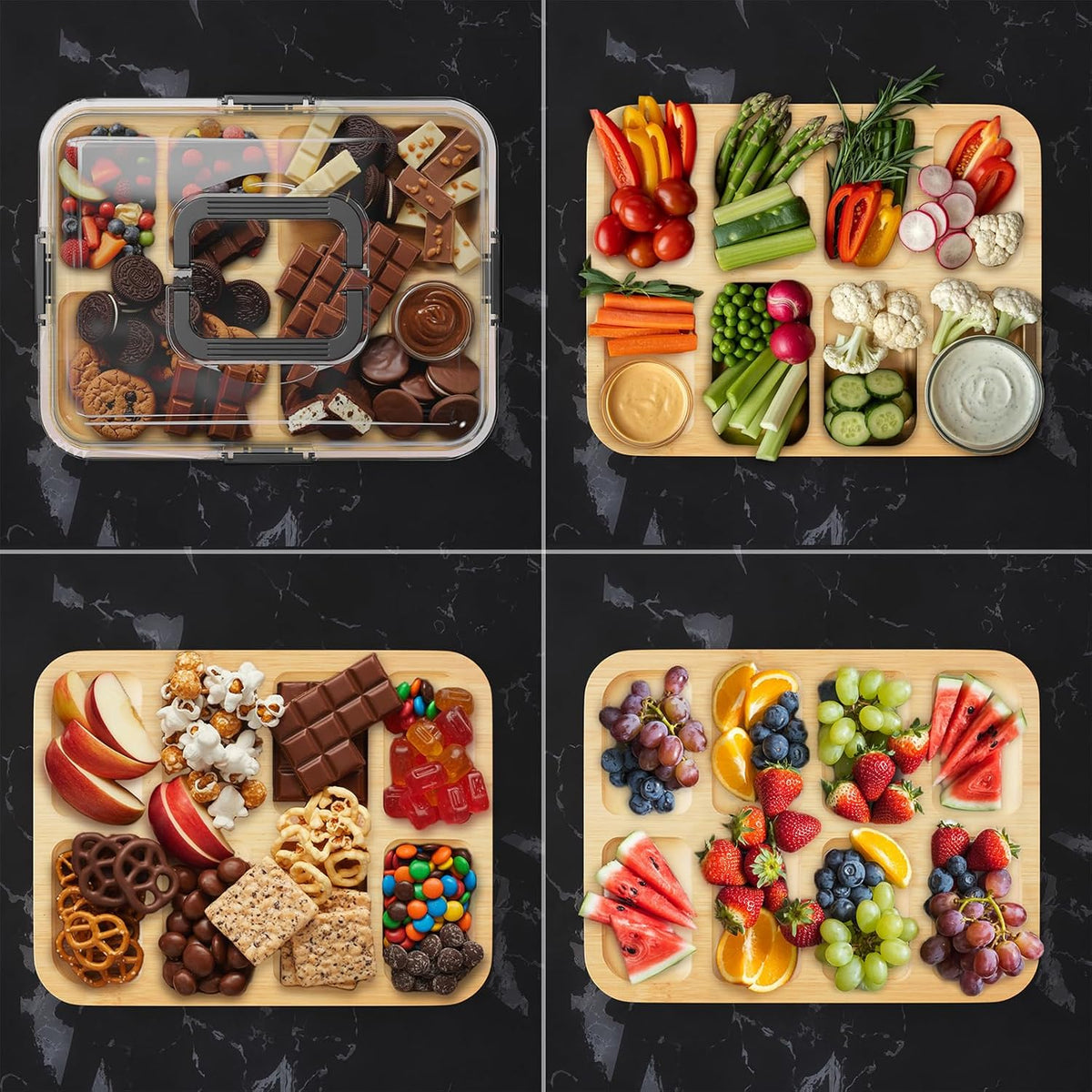 Charcuterie Board with Clear Lid, Portable Travel Cheese Cutting Boards for Picnic Accessories, Bamboo Serving Tray with Lids, House Warming Gifts, Black Handles, 8 Compartments