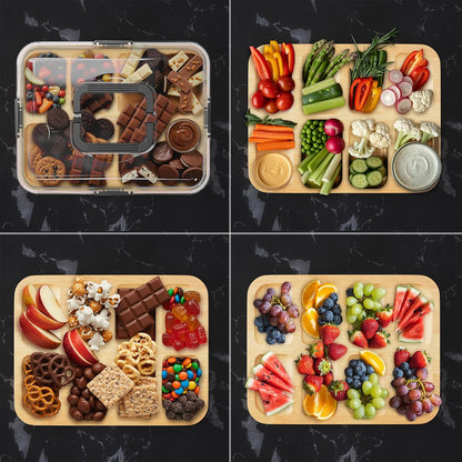 Charcuterie Board with Clear Lid, Portable Travel Cheese Cutting Boards for Picnic Accessories, Bamboo Serving Tray with Lids, House Warming Gifts, Black Handles, 8 Compartments