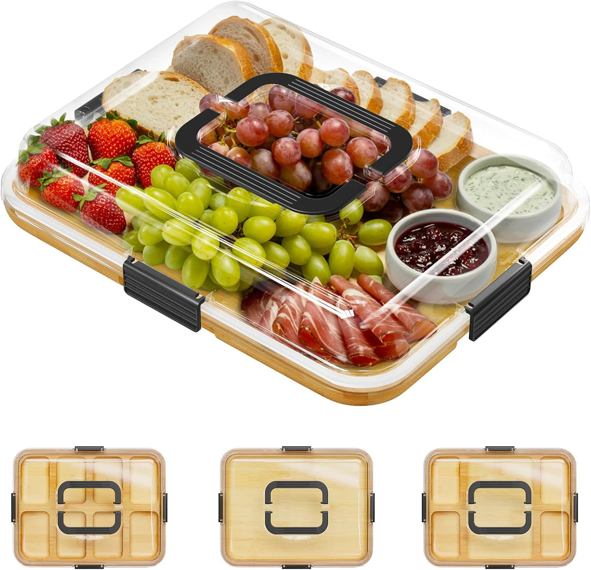 Charcuterie Board with Clear Lid, Portable Travel Cheese Cutting Boards for Picnic Accessories, Bamboo Serving Tray with Lids, House Warming Gifts, Black Handles, 8 Compartments