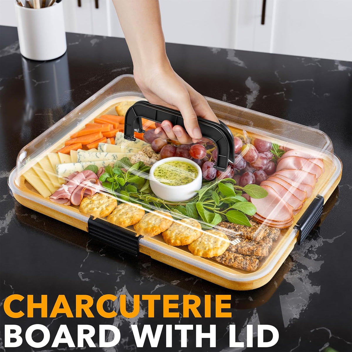 Charcuterie Board with Clear Lid, Portable Travel Cheese Cutting Boards for Picnic Accessories, Bamboo Serving Tray with Lids, House Warming Gifts, Black Handles, 8 Compartments