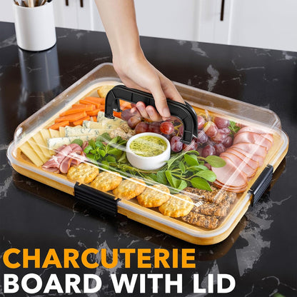 Charcuterie Board with Clear Lid, Portable Travel Cheese Cutting Boards for Picnic Accessories, Bamboo Serving Tray with Lids, House Warming Gifts, Black Handles, 8 Compartments