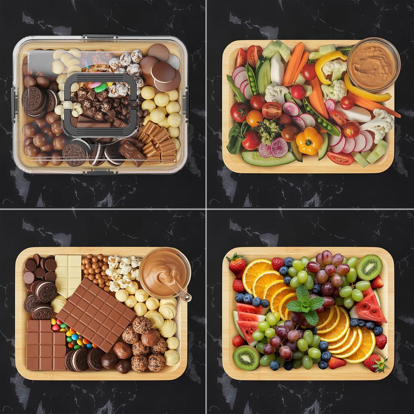 Charcuterie Board with Clear Lid, Portable Travel Cheese Cutting Boards for Picnic Accessories, Bamboo Serving Tray with Lids, House Warming Gifts, Black Handles, 8 Compartments