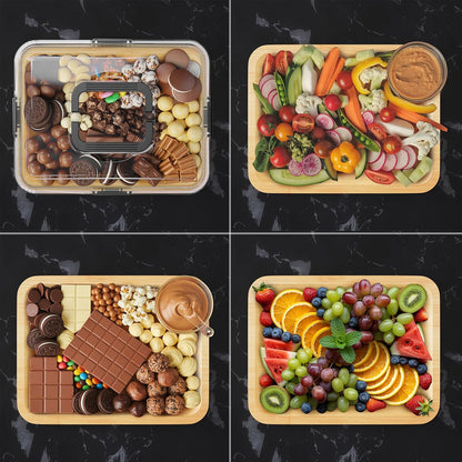 Charcuterie Board with Clear Lid, Portable Travel Cheese Cutting Boards for Picnic Accessories, Bamboo Serving Tray with Lids, House Warming Gifts, Black Handles, 8 Compartments