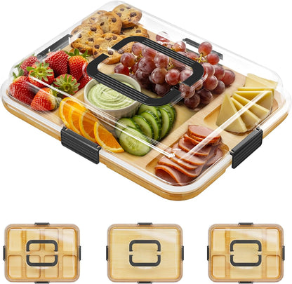Charcuterie Board with Clear Lid, Portable Travel Cheese Cutting Boards for Picnic Accessories, Bamboo Serving Tray with Lids, House Warming Gifts, Black Handles, 8 Compartments