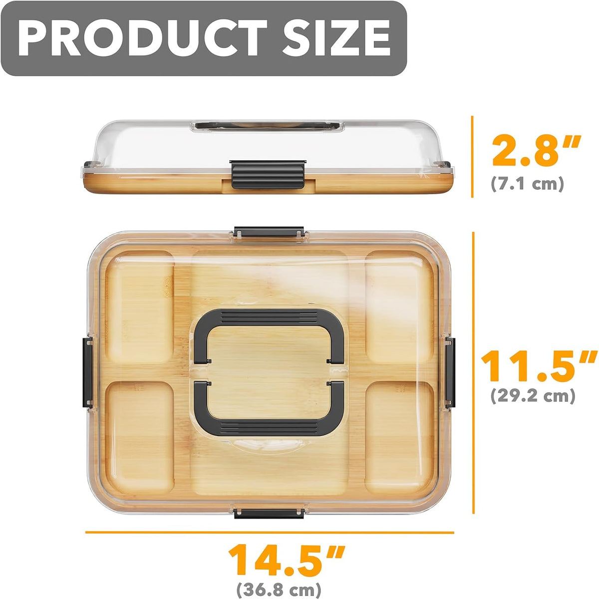 Charcuterie Board with Clear Lid, Portable Travel Cheese Cutting Boards for Picnic Accessories, Bamboo Serving Tray with Lids, House Warming Gifts, Black Handles, 8 Compartments