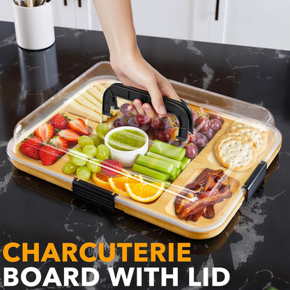 Charcuterie Board with Clear Lid, Portable Travel Cheese Cutting Boards for Picnic Accessories, Bamboo Serving Tray with Lids, House Warming Gifts, Black Handles, 8 Compartments