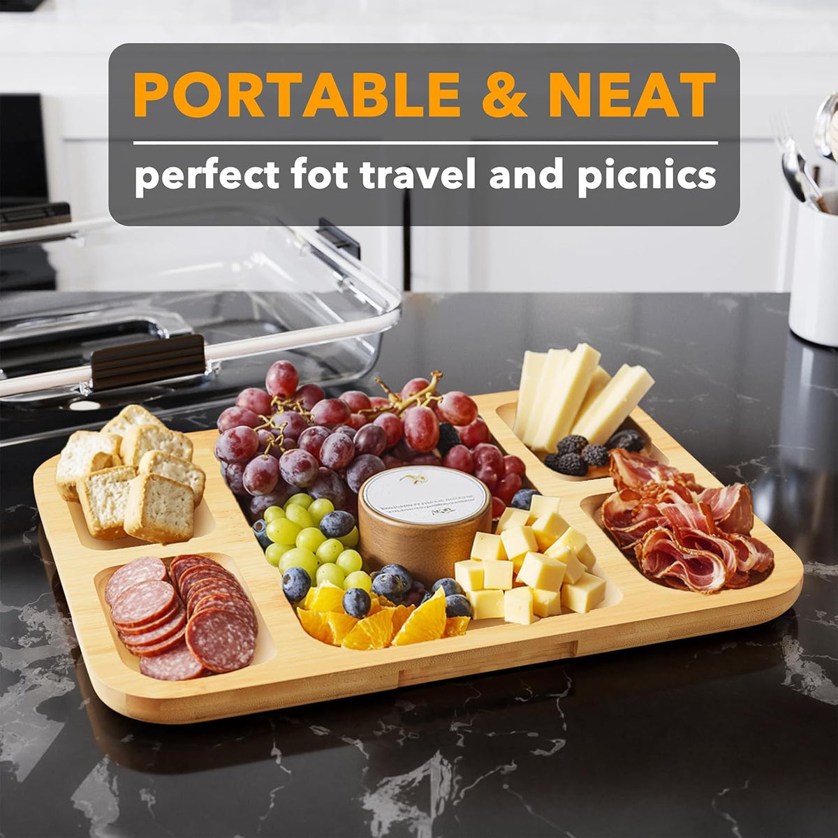 Charcuterie Board with Clear Lid, Portable Travel Cheese Cutting Boards for Picnic Accessories, Bamboo Serving Tray with Lids, House Warming Gifts, Black Handles, 8 Compartments