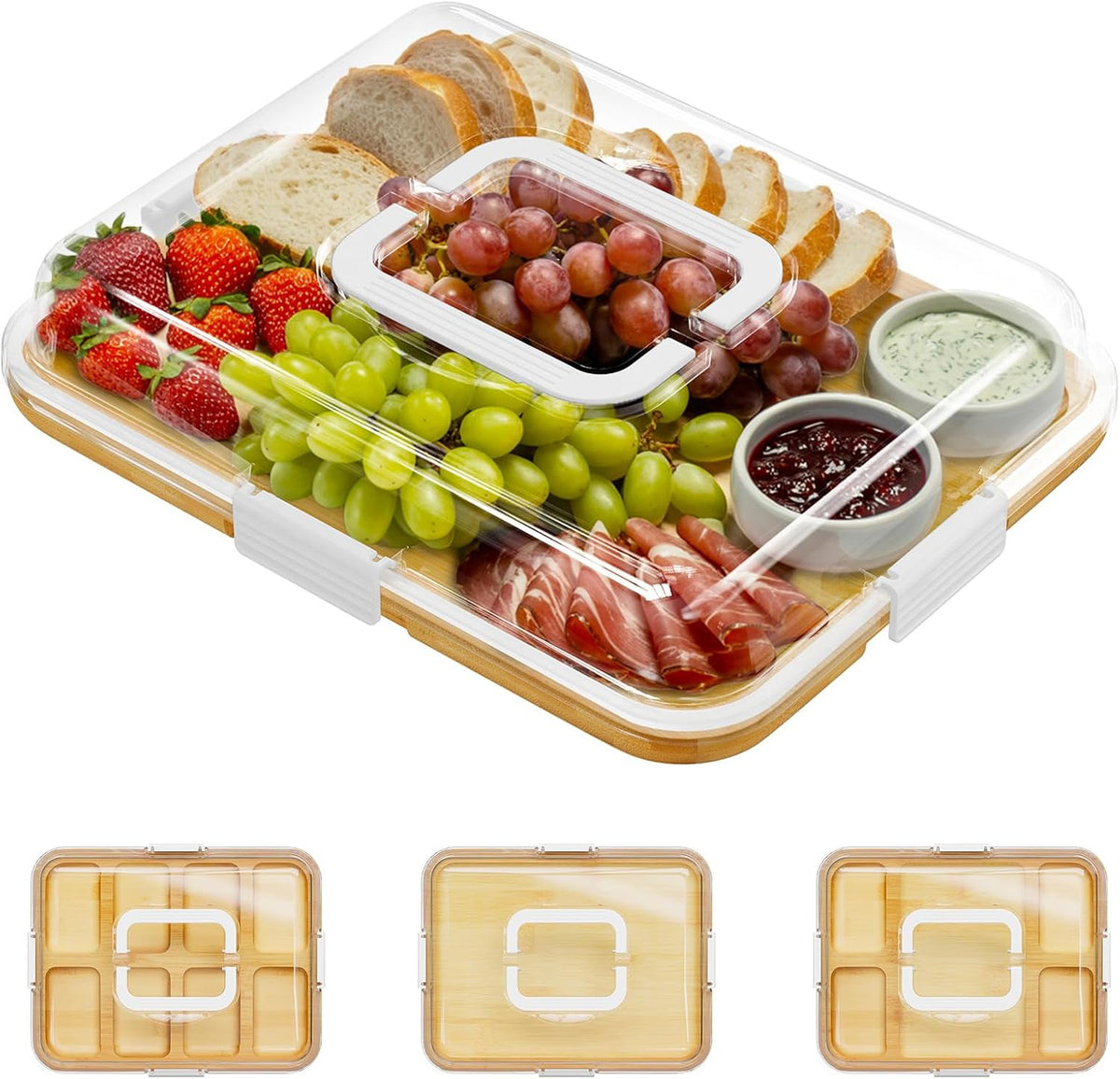 Charcuterie Board with Clear Lid, Portable Travel Cheese Cutting Boards for Picnic Accessories, Bamboo Serving Tray with Lids, House Warming Gifts, Black Handles, 8 Compartments