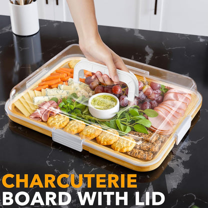 Charcuterie Board with Clear Lid, Portable Travel Cheese Cutting Boards for Picnic Accessories, Bamboo Serving Tray with Lids, House Warming Gifts, Black Handles, 8 Compartments