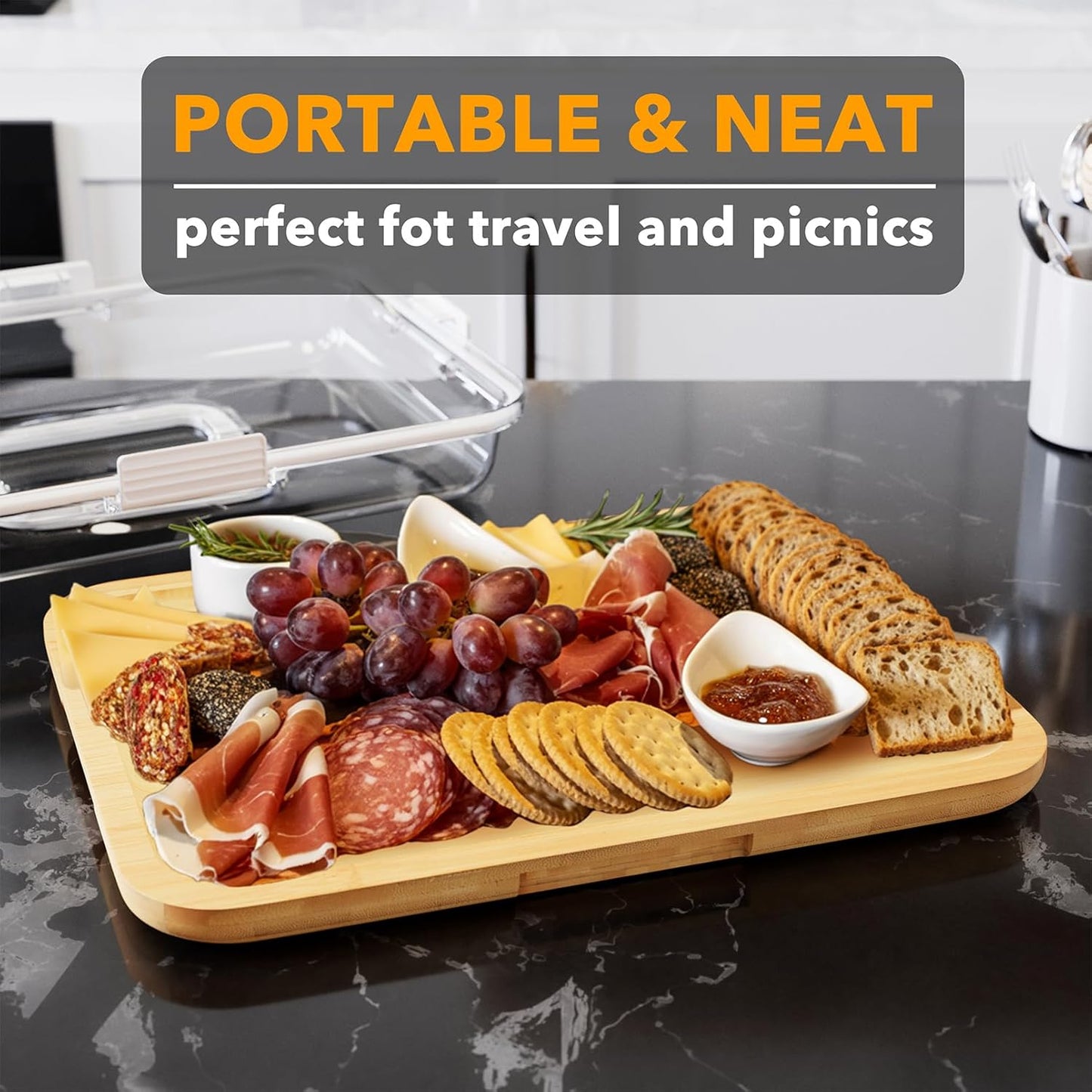 Charcuterie Board with Clear Lid, Portable Travel Cheese Cutting Boards for Picnic Accessories, Bamboo Serving Tray with Lids, House Warming Gifts, Black Handles, 8 Compartments