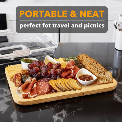 Charcuterie Board with Clear Lid, Portable Travel Cheese Cutting Boards for Picnic Accessories, Bamboo Serving Tray with Lids, House Warming Gifts, Black Handles, 8 Compartments
