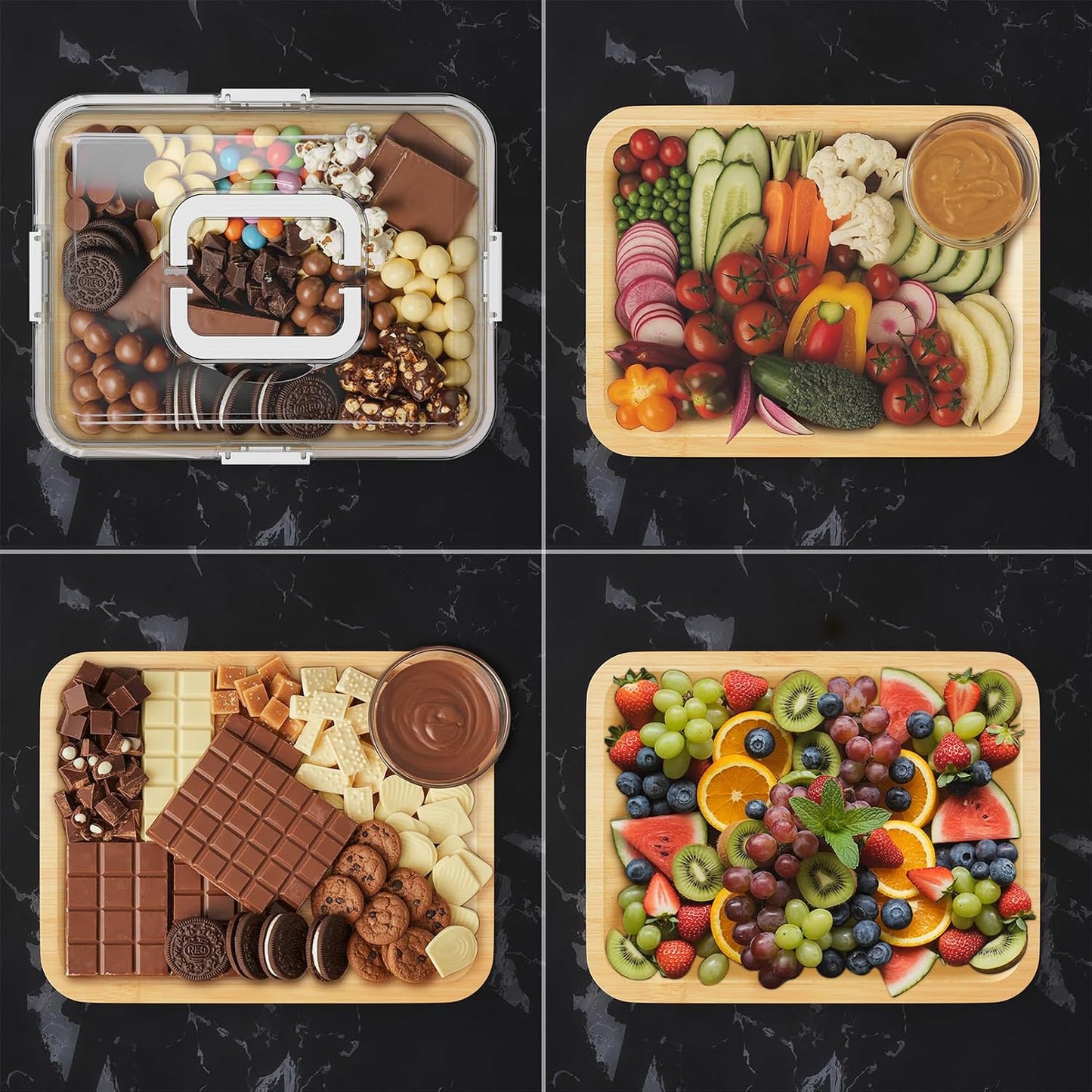 Charcuterie Board with Clear Lid, Portable Travel Cheese Cutting Boards for Picnic Accessories, Bamboo Serving Tray with Lids, House Warming Gifts, Black Handles, 8 Compartments