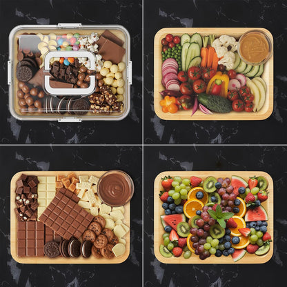 Charcuterie Board with Clear Lid, Portable Travel Cheese Cutting Boards for Picnic Accessories, Bamboo Serving Tray with Lids, House Warming Gifts, Black Handles, 8 Compartments