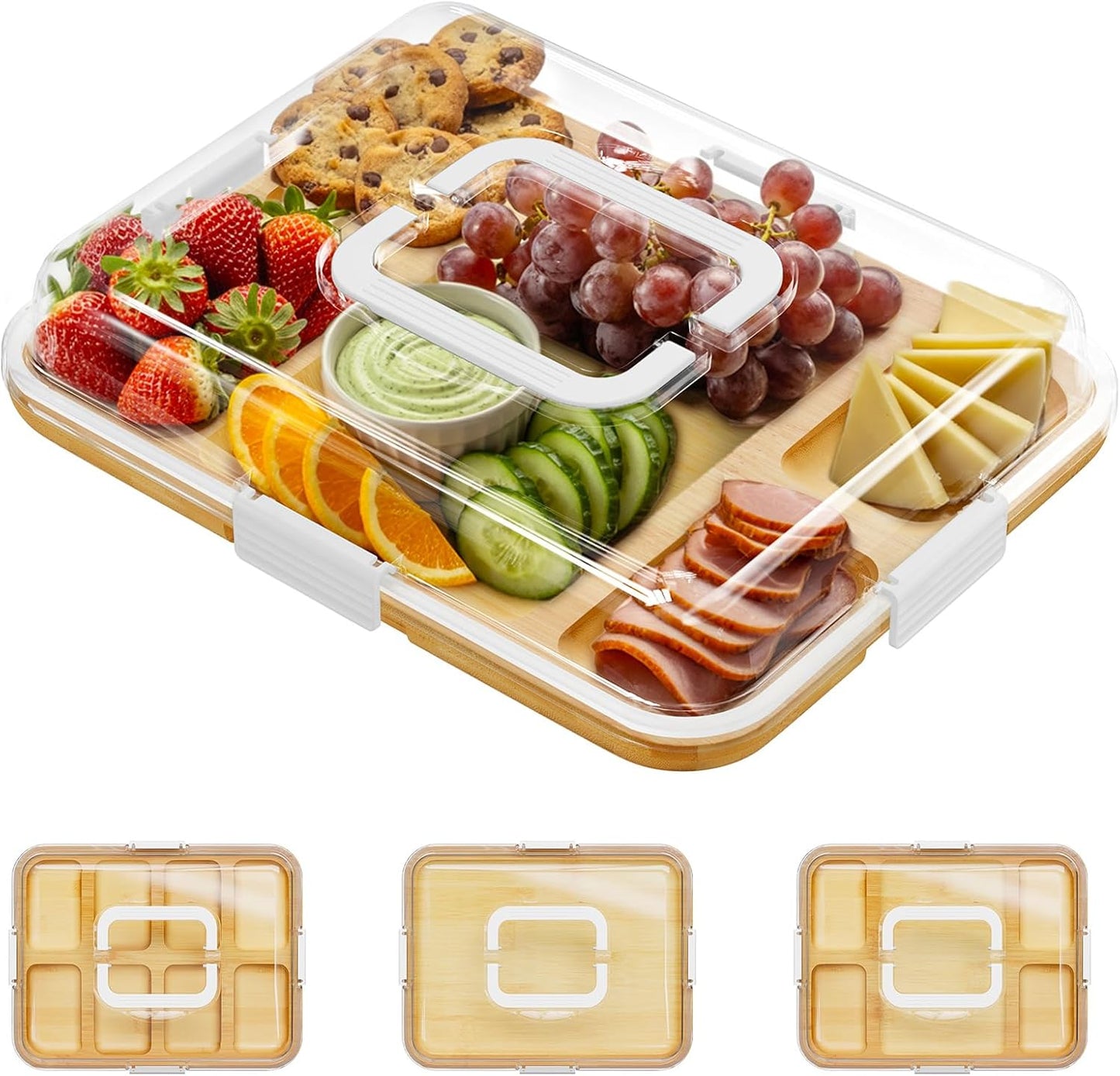 Charcuterie Board with Clear Lid, Portable Travel Cheese Cutting Boards for Picnic Accessories, Bamboo Serving Tray with Lids, House Warming Gifts, Black Handles, 8 Compartments