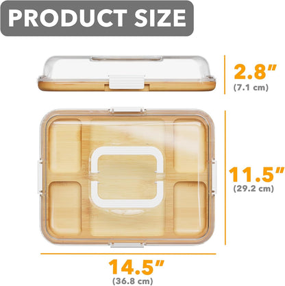 Charcuterie Board with Clear Lid, Portable Travel Cheese Cutting Boards for Picnic Accessories, Bamboo Serving Tray with Lids, House Warming Gifts, Black Handles, 8 Compartments