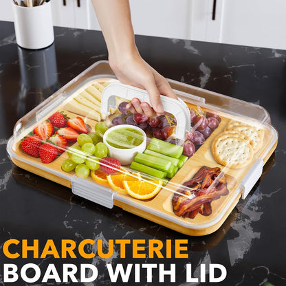 Charcuterie Board with Clear Lid, Portable Travel Cheese Cutting Boards for Picnic Accessories, Bamboo Serving Tray with Lids, House Warming Gifts, Black Handles, 8 Compartments