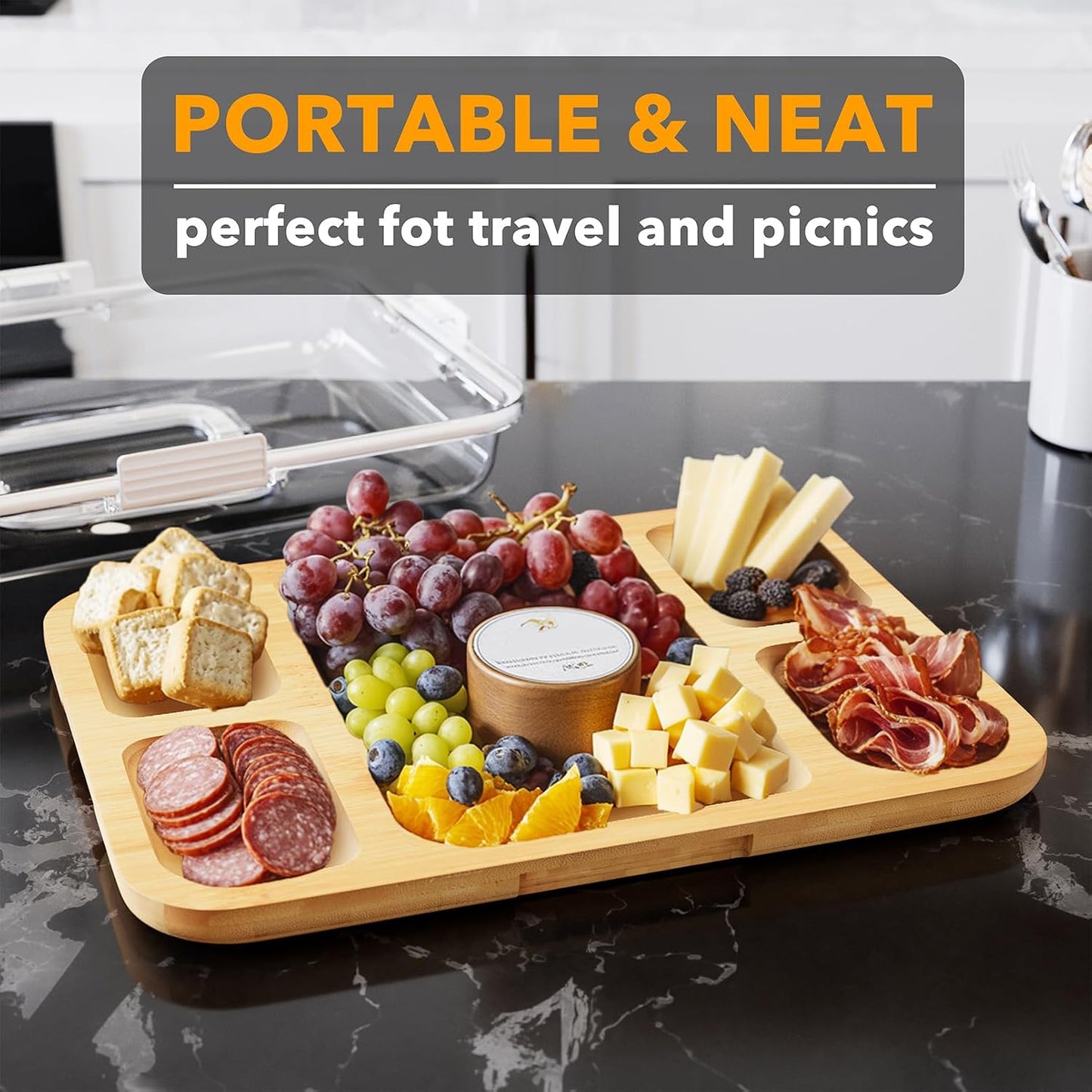 Charcuterie Board with Clear Lid, Portable Travel Cheese Cutting Boards for Picnic Accessories, Bamboo Serving Tray with Lids, House Warming Gifts, Black Handles, 8 Compartments