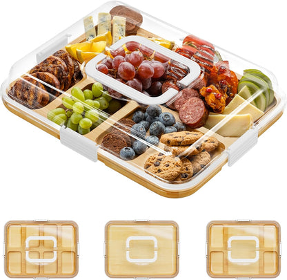 Charcuterie Board with Clear Lid, Portable Travel Cheese Cutting Boards for Picnic Accessories, Bamboo Serving Tray with Lids, House Warming Gifts, Black Handles, 8 Compartments