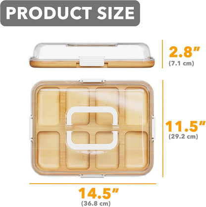 Charcuterie Board with Clear Lid, Portable Travel Cheese Cutting Boards for Picnic Accessories, Bamboo Serving Tray with Lids, House Warming Gifts, Black Handles, 8 Compartments