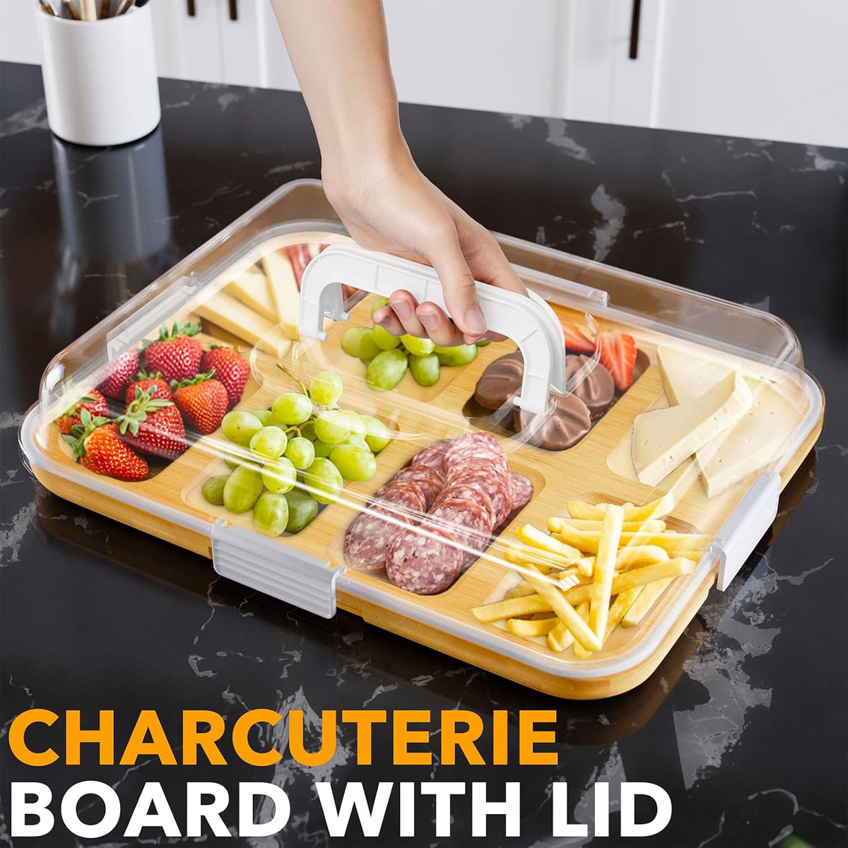 Charcuterie Board with Clear Lid, Portable Travel Cheese Cutting Boards for Picnic Accessories, Bamboo Serving Tray with Lids, House Warming Gifts, Black Handles, 8 Compartments