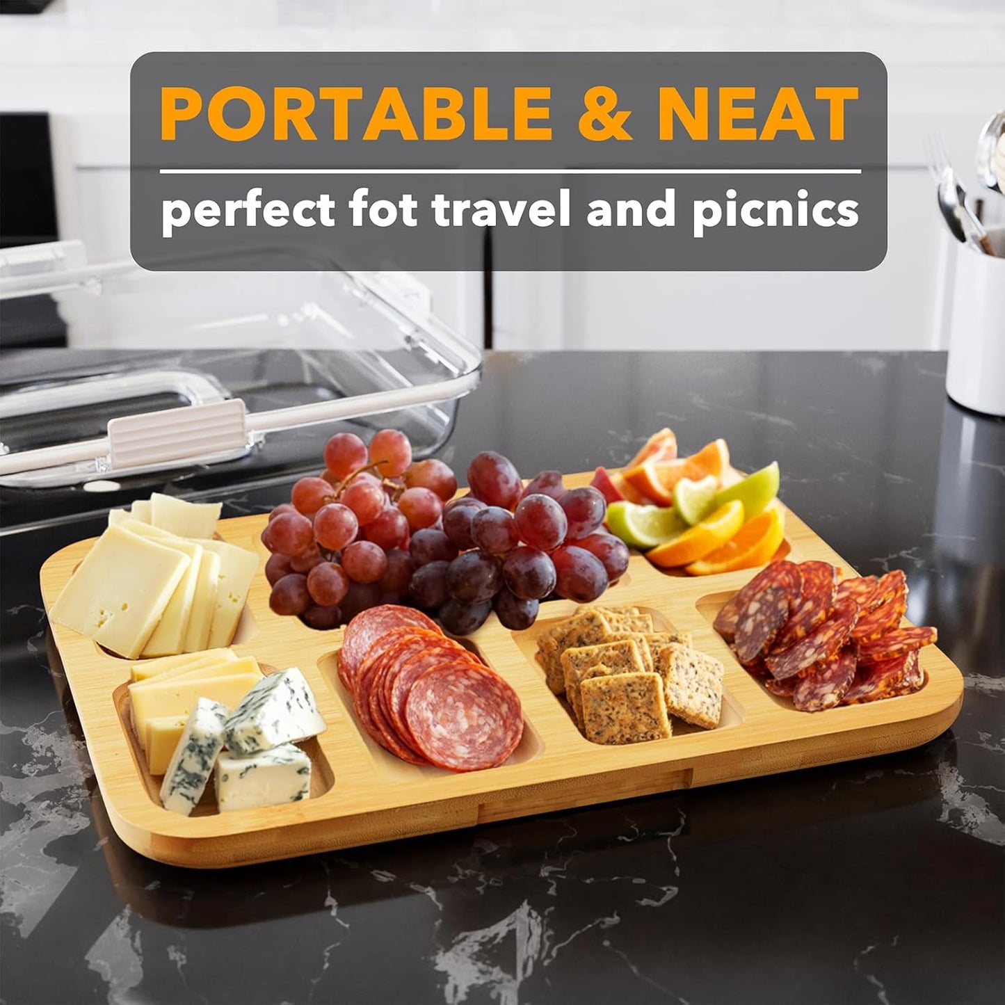Charcuterie Board with Clear Lid, Portable Travel Cheese Cutting Boards for Picnic Accessories, Bamboo Serving Tray with Lids, House Warming Gifts, Black Handles, 8 Compartments