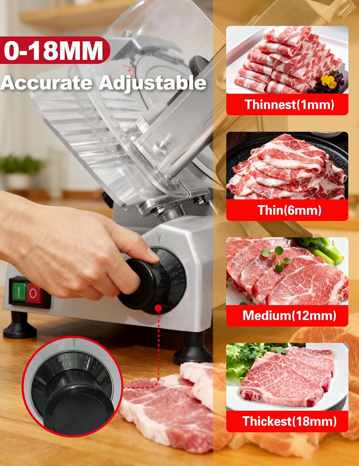 Electric Meat Slicer 10" 300W Deli and Ham Food Cheese Jerky Steak Slicer Cutting Machine Semi-Auto 0-15MM Adjustable Slice Thickness